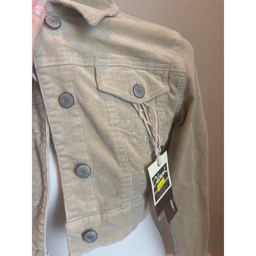 Cropped Corduroy Jacket Tan Beige Rhinestone Y2K Vintage Style Trucker XS NWT - Picture 3 of 3